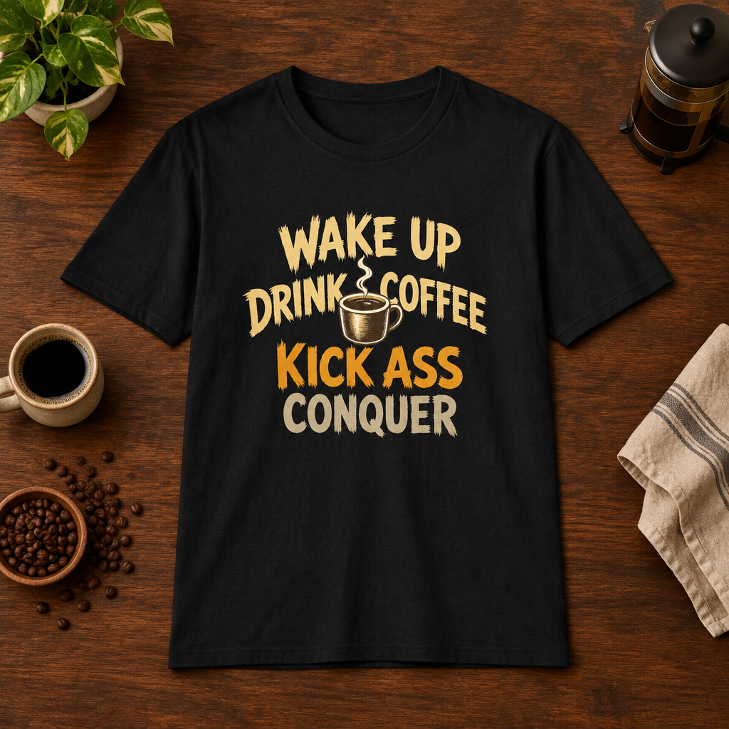 Wake Up T-Shirt Black coffee-bar flat lay