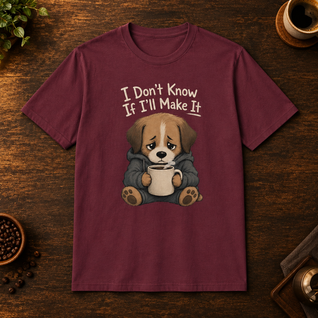 I Don't Know If I'll Make It T-Shirt in Maroon, overhead coffee-bar flat-lay mockup