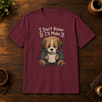I Don't Know If I'll Make It T-Shirt in Maroon, overhead coffee-bar flat-lay mockup