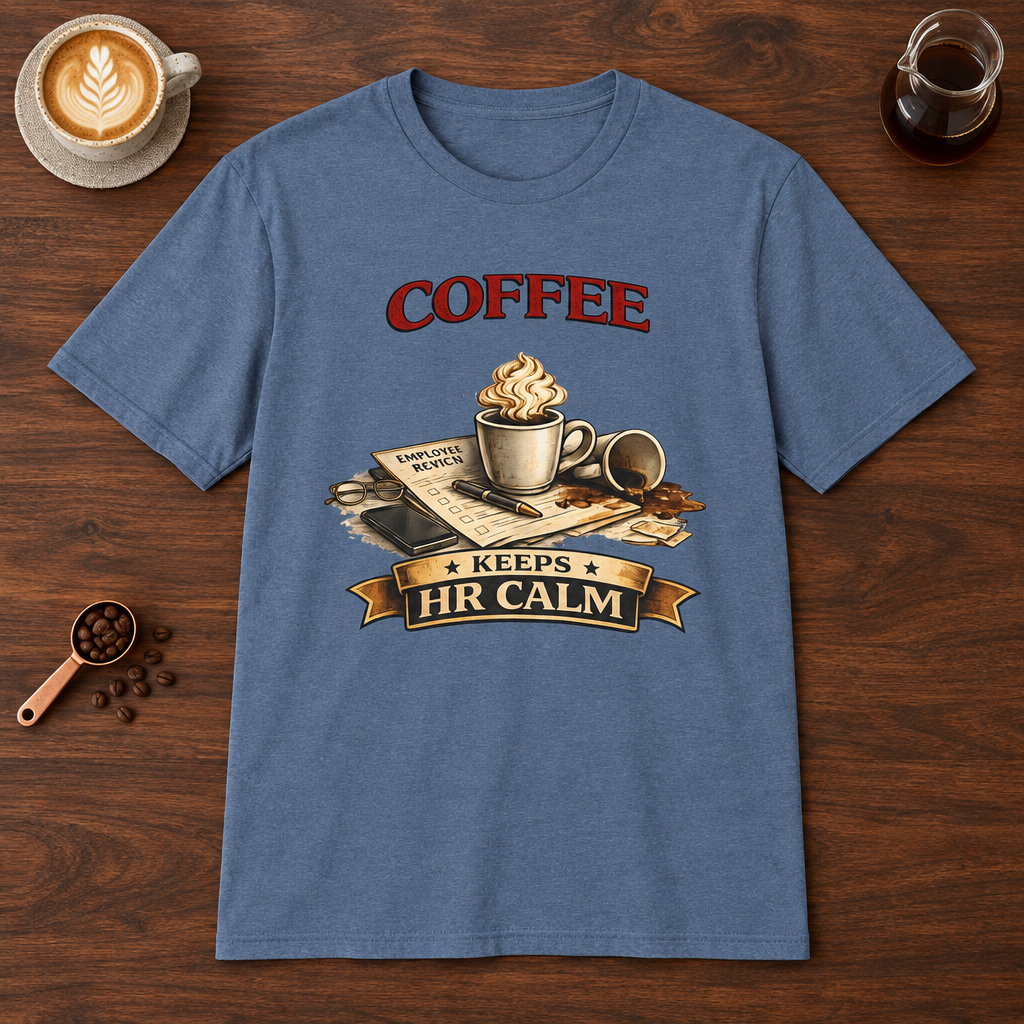 Coffee Keeps HR Calm T-Shirt Heather Indigo coffee bar mockup