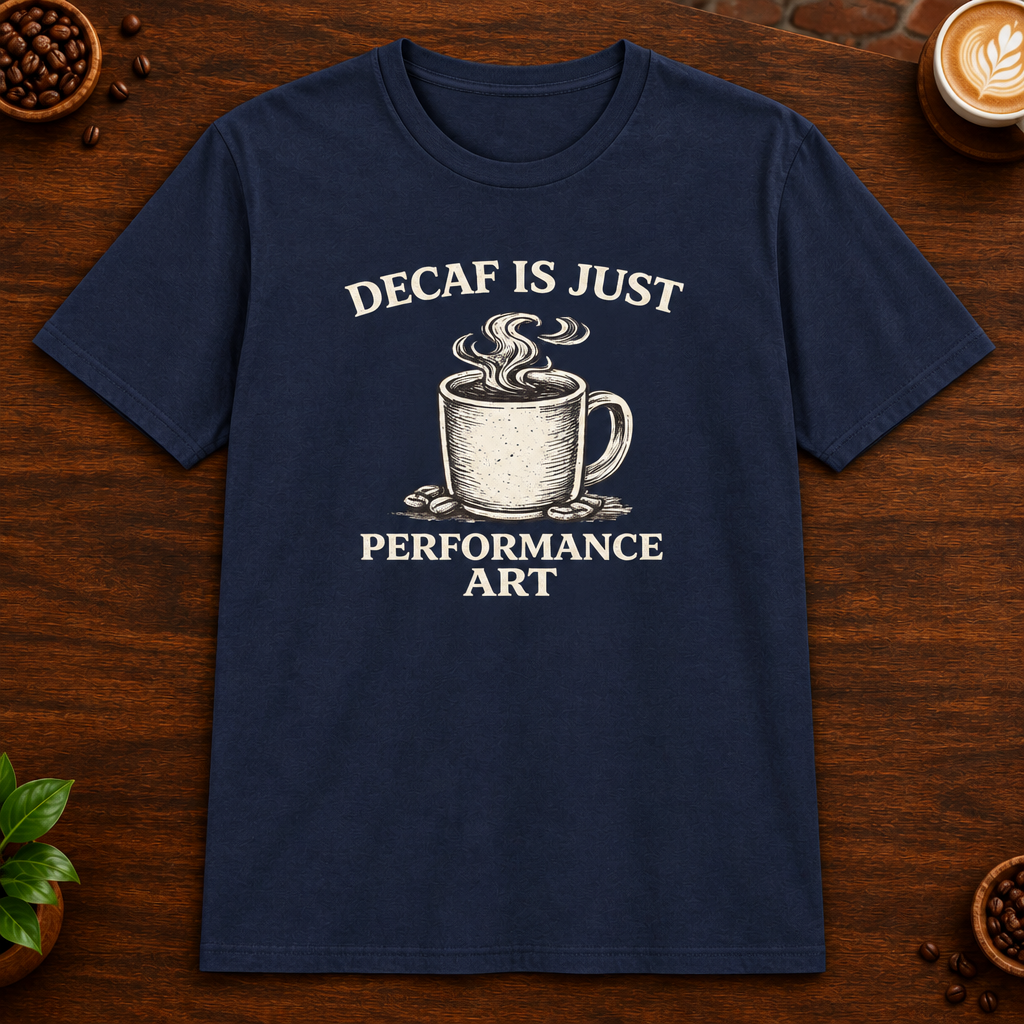 Decaf is Just Performance Art T-Shirt in Navy, close-up on dark wood coffee bar
