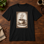 Coffee Woodcut T-Shirt Black short-sleeve coffee-bar flat lay