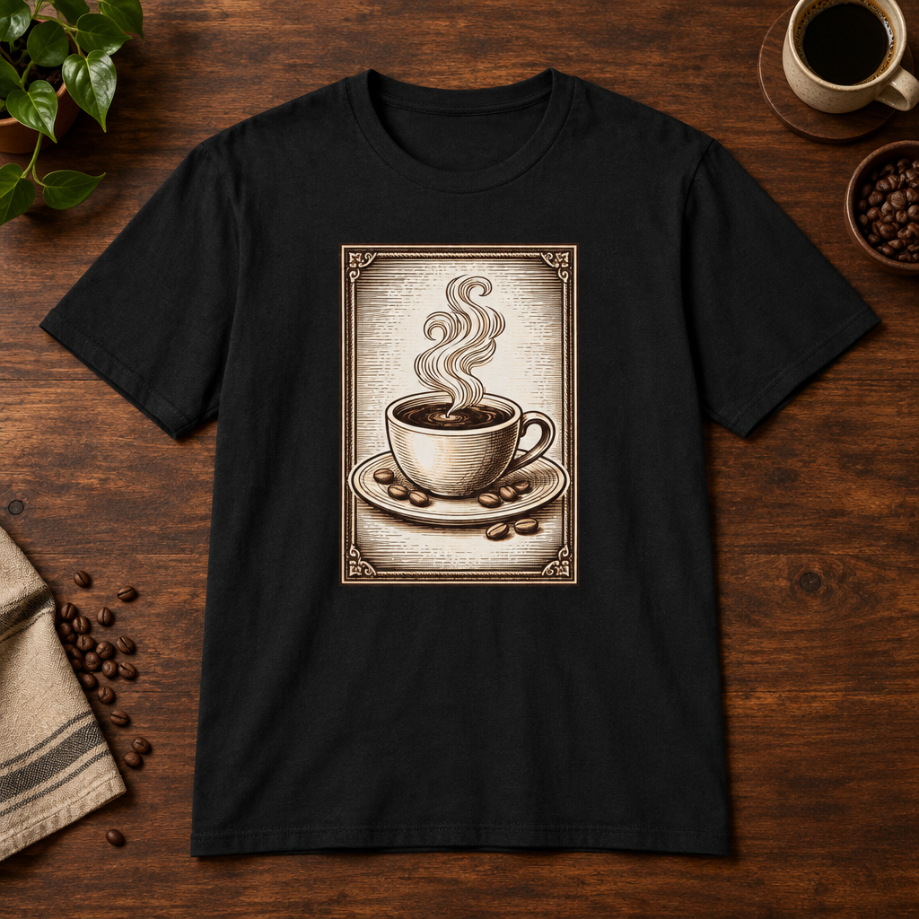 Coffee Woodcut T-Shirt Black short-sleeve coffee-bar flat lay