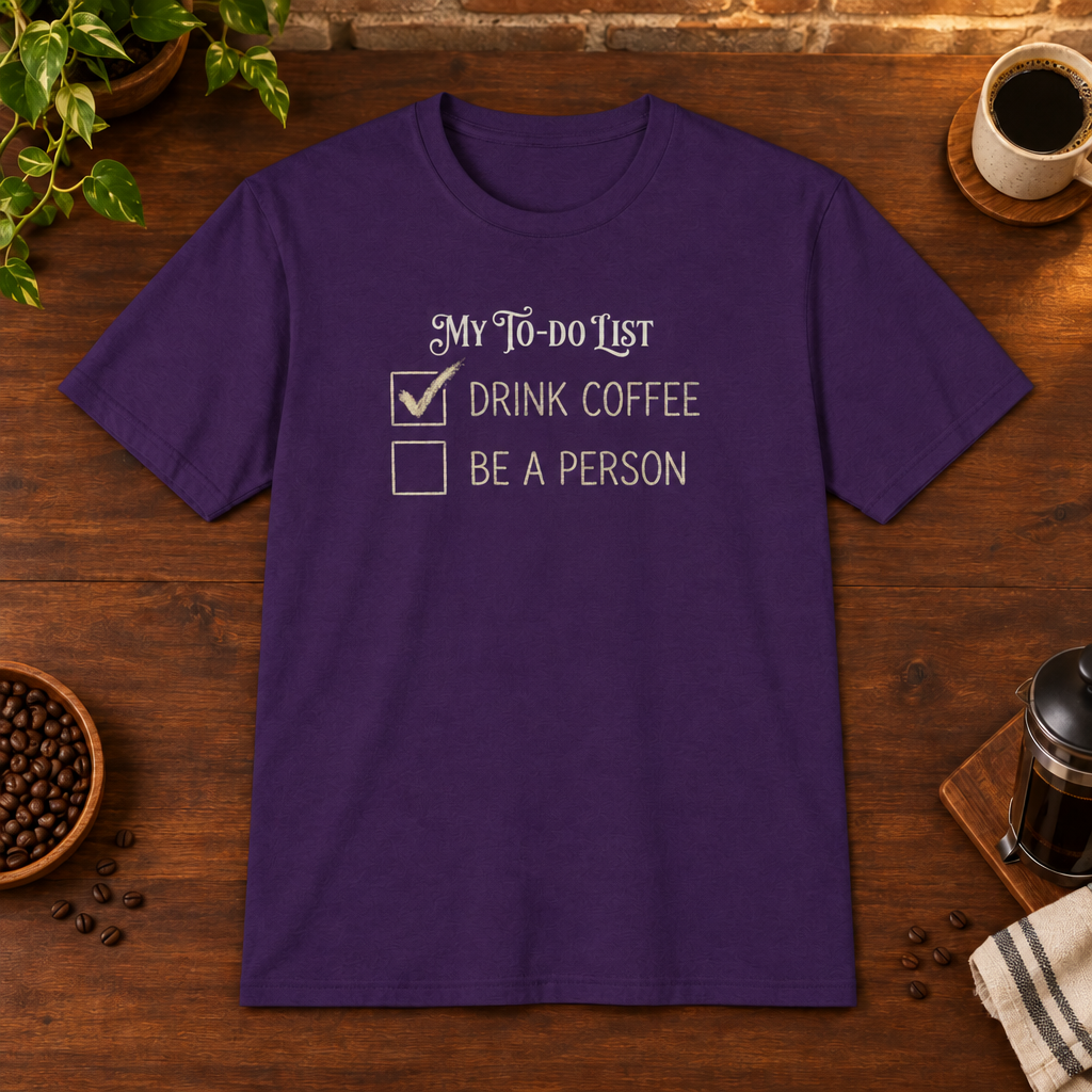 My To Do List T-Shirt Purple coffee-bar flat lay, consistent framing