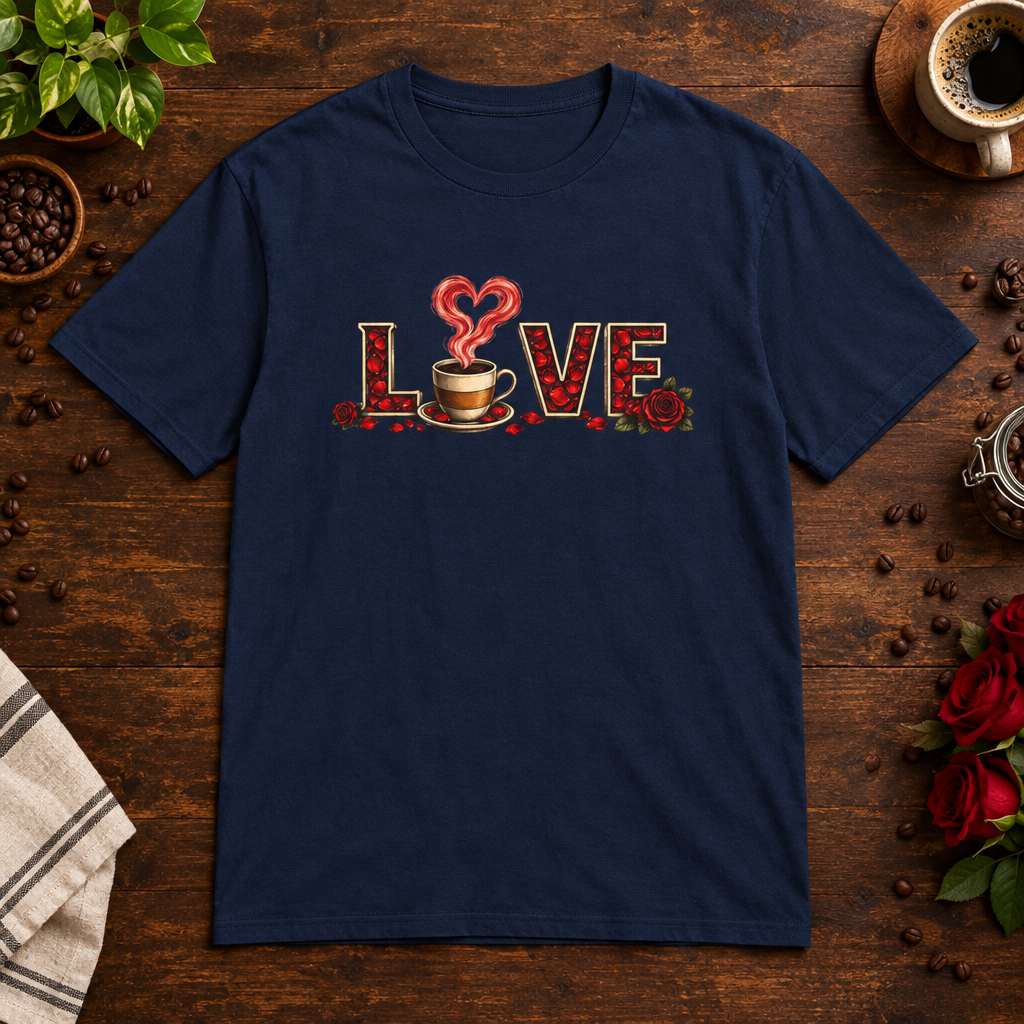 Love T-Shirt Navy coffee-bar flat lay