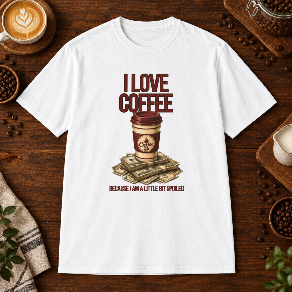 I Love Coffee T-Shirt White on warm coffee bar