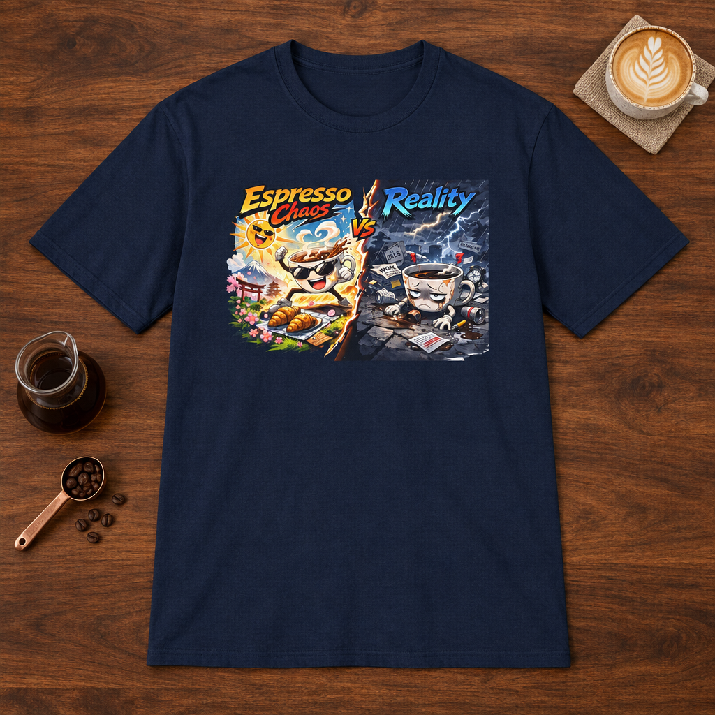 Espresso Chaos vs Reality T-Shirt Navy coffee bar mockup