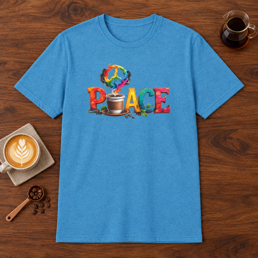 Peace T-Shirt Heather Sapphire coffee bar mockup
