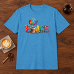 Peace T-Shirt Heather Sapphire coffee bar mockup
