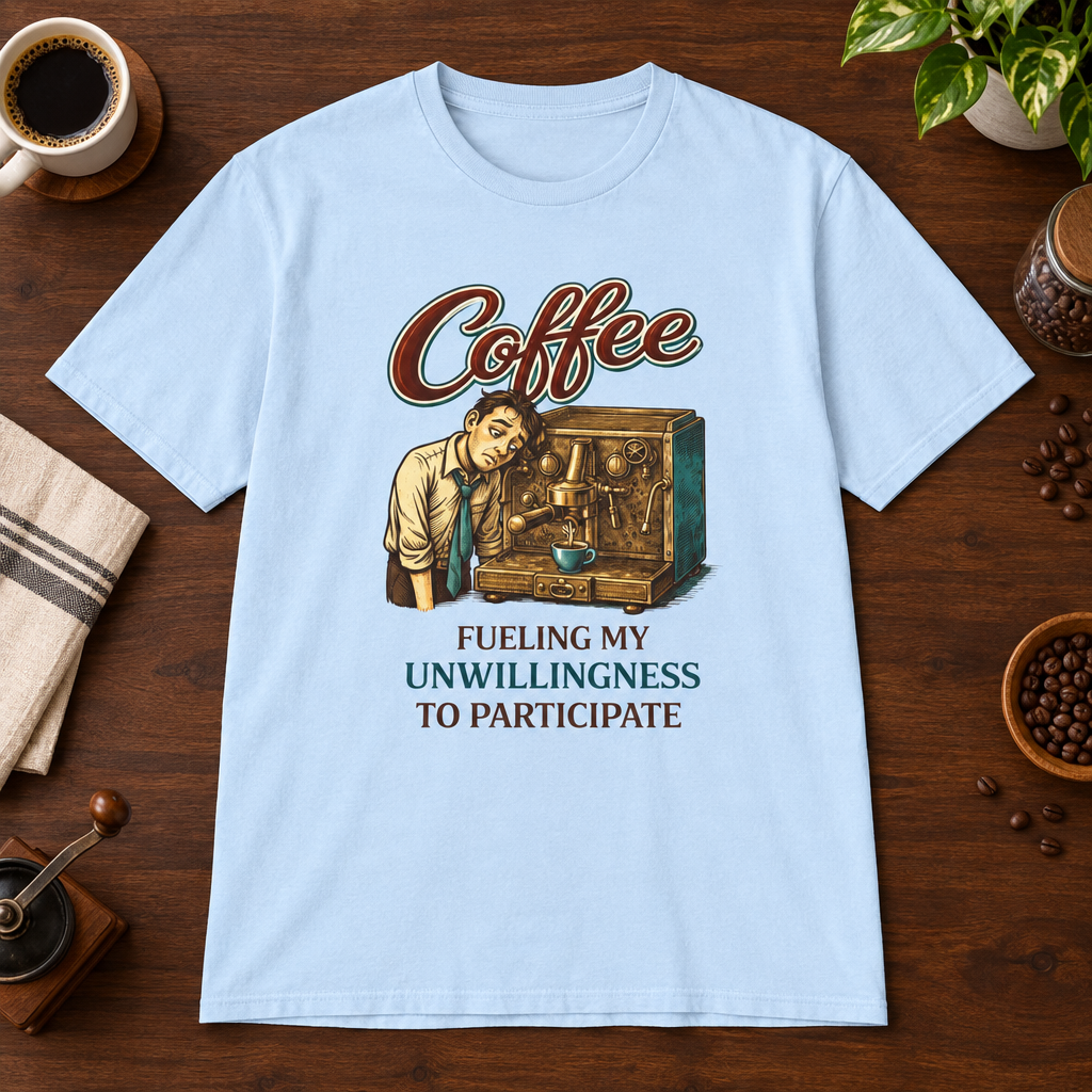 Fueling My Unwillingness T-Shirt Light Blue short-sleeve coffee-bar flat lay