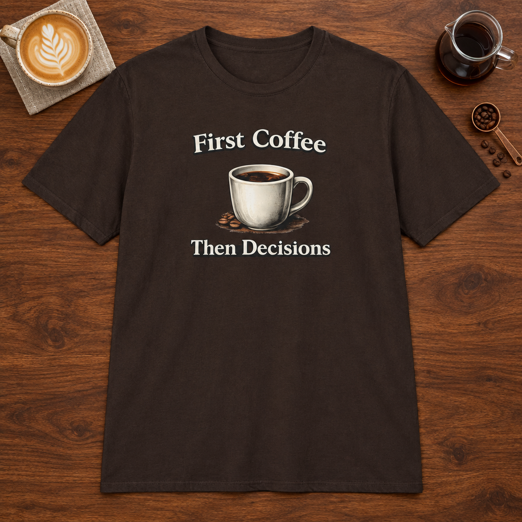 Coffee First Then Decisions T-Shirt Dark Chocolate coffee bar mockup