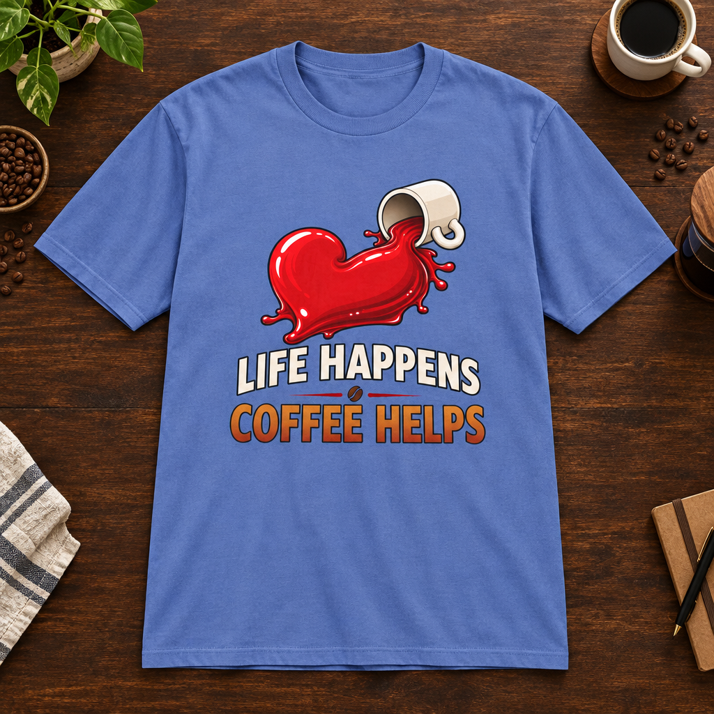 Life Happens T-Shirt Iris coffee-bar flat lay