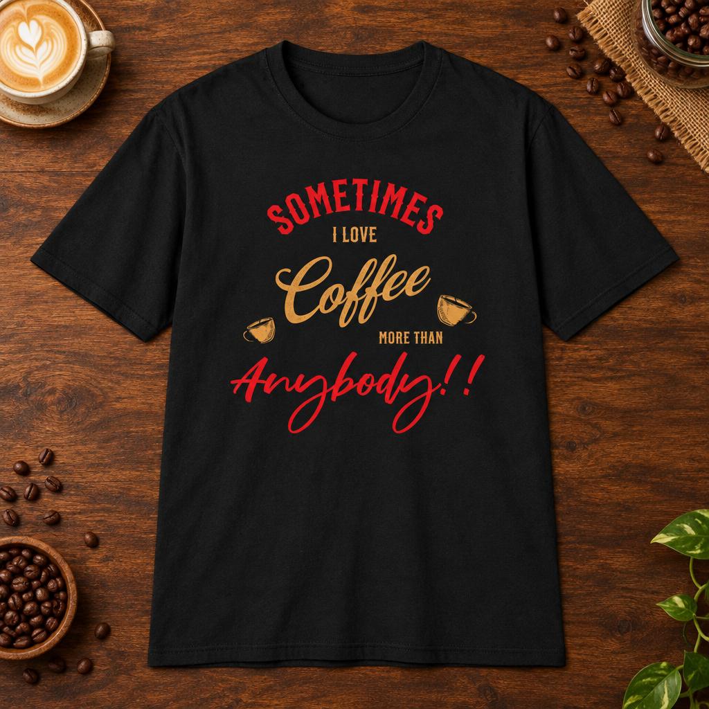 Sometimes I Love Coffee T-Shirt Black on warm coffee bar