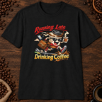 Running Late Drinking Coffee T-Shirt in Navy, zoomed lifestyle mockup