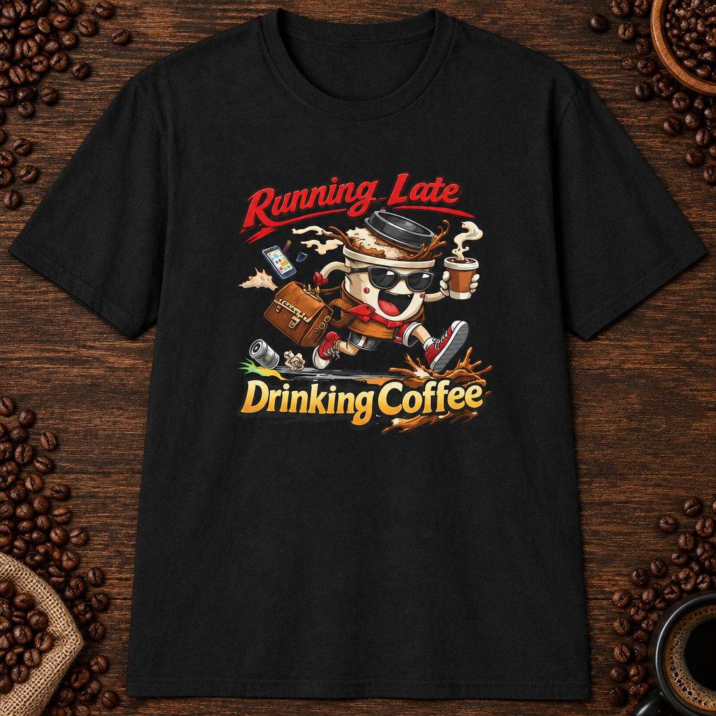 Running Late Drinking Coffee T-Shirt in Navy, zoomed lifestyle mockup
