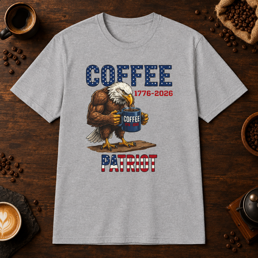 Coffee Patriot T-Shirt in Sport Grey, overhead coffee-bar flat-lay mockup
