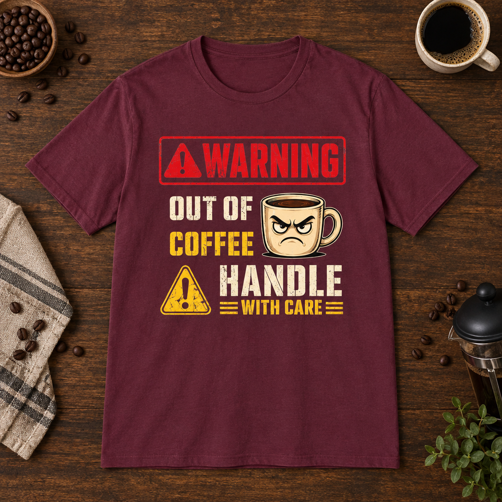 Warning Out of Coffee T-Shirt Maroon short-sleeve coffee-bar flat lay