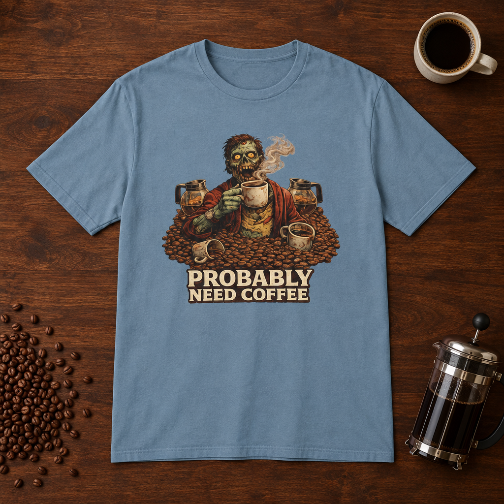 Probably Need Coffee Too T-Shirt Stone Blue coffee-bar flat lay
