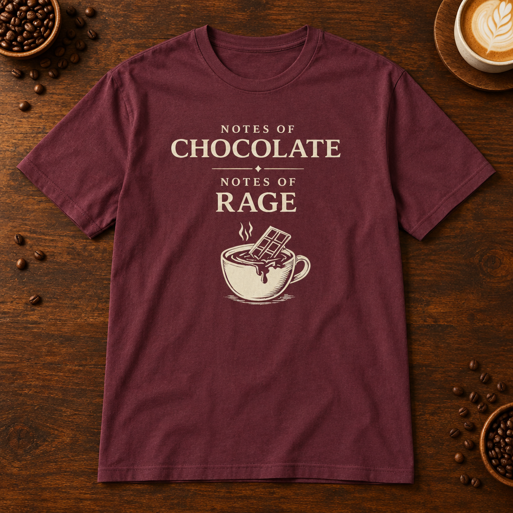 Notes of Rage T-Shirt in Maroon on a dark wood coffee bar