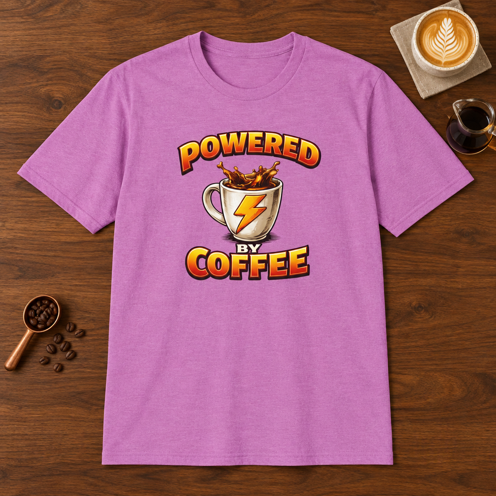 Powered by Coffee T-Shirt Heather Radiant Orchid coffee bar mockup