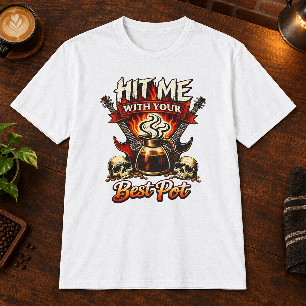 Hit Me with Your Best Pot T-Shirt White close-fill short-sleeve coffee-bar flat lay