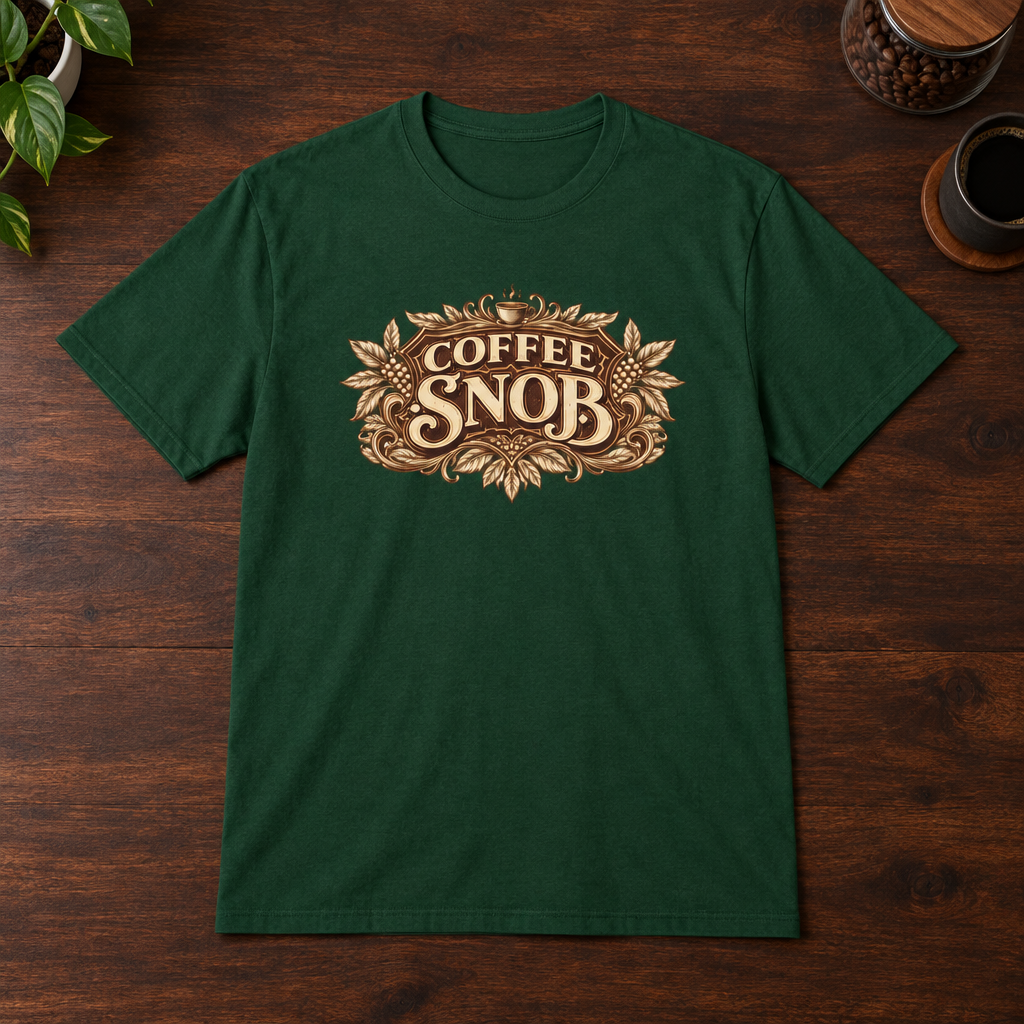 Coffee Snob T-Shirt Forest Green short-sleeve coffee-bar flat lay