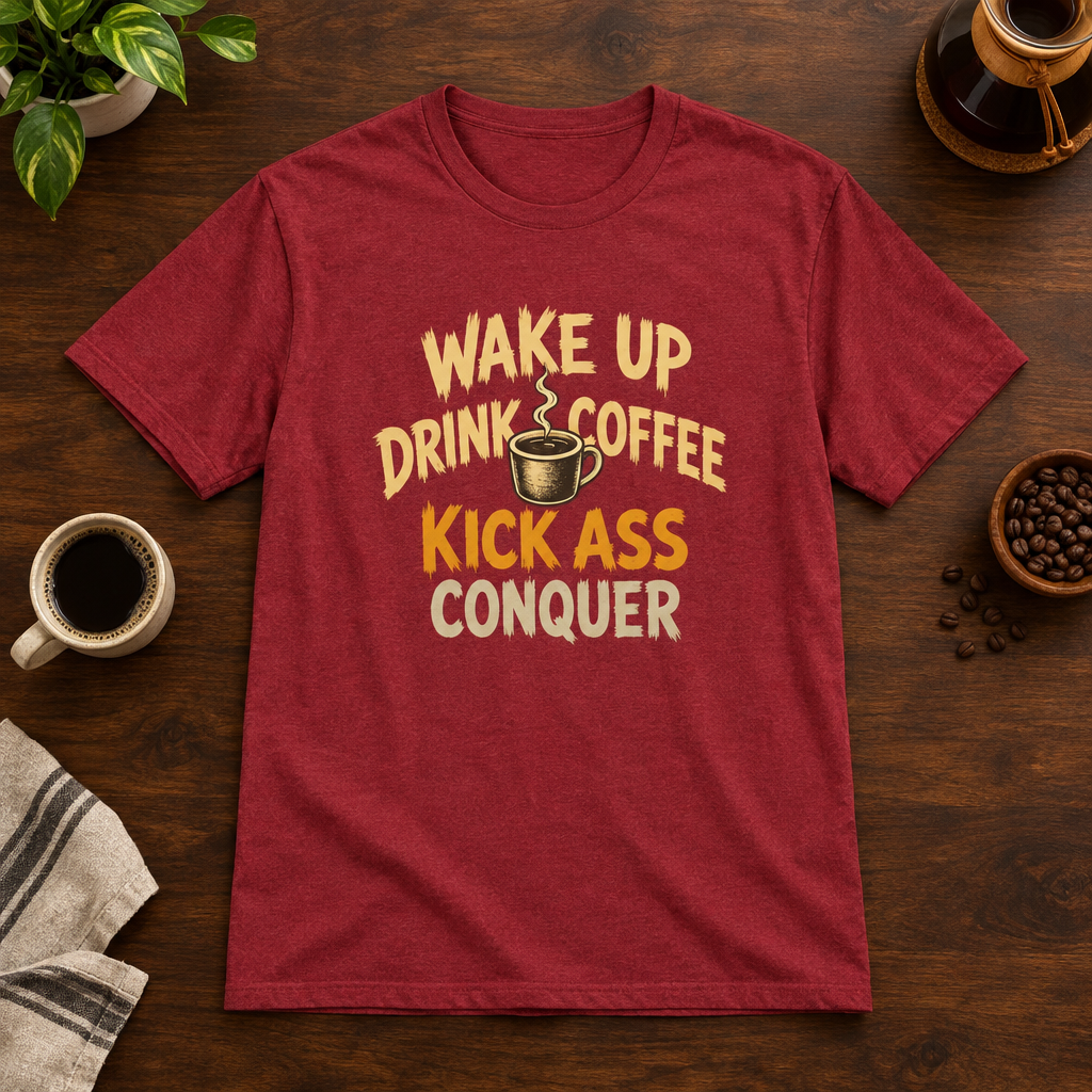 Wake Up T-Shirt Antique Cherry Red coffee-bar flat lay