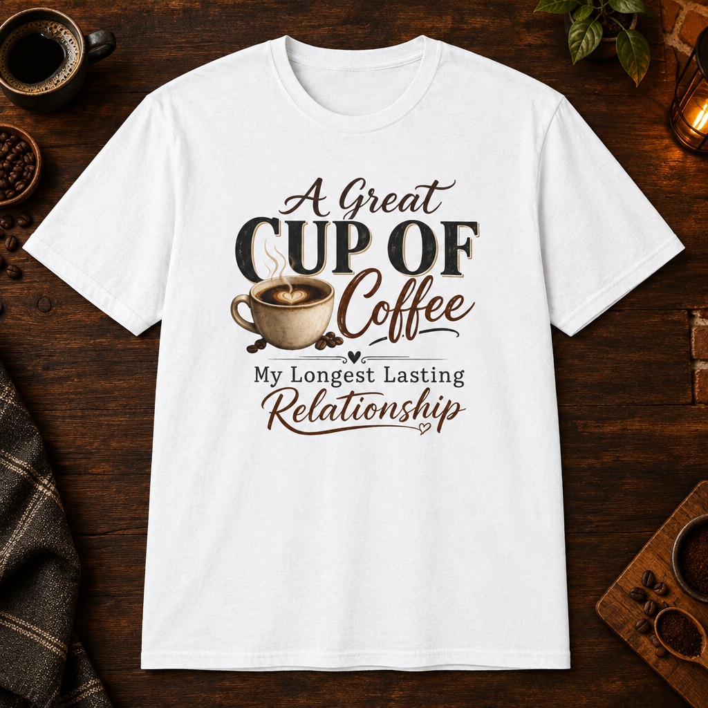 A Great Cup of Coffee T-Shirt White flat-lay mockup