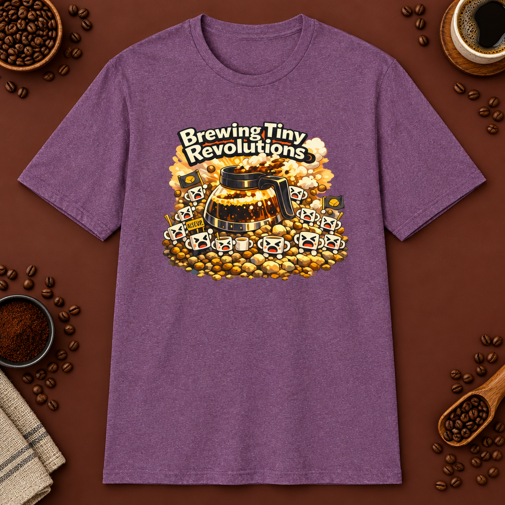 Brewing Tiny Revolutions T-Shirt in Heather Maroon, zoomed lifestyle mockup