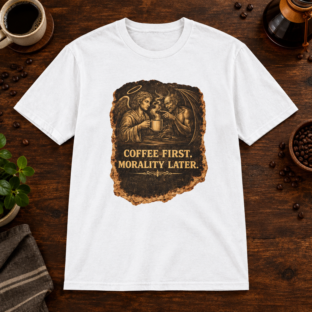 Heaven and Hell T-Shirt White short-sleeve coffee-bar flat lay