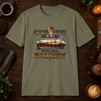 Coffee is My Social Battery T-Shirt in Heather Military Green, zoomed lifestyle mockup