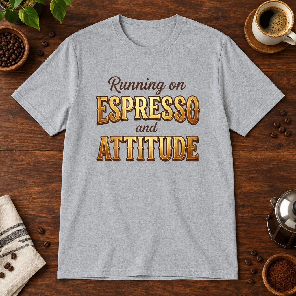 Running of Espresso and Attitude T-Shirt Sport Grey coffee-bar flat lay
