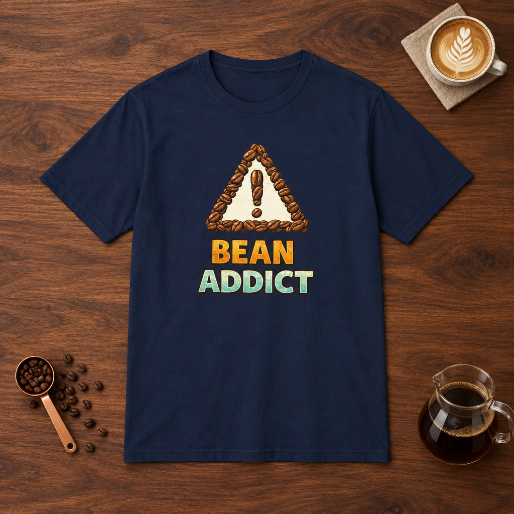 Bean Addict T-Shirt Navy flat lay on walnut coffee bar