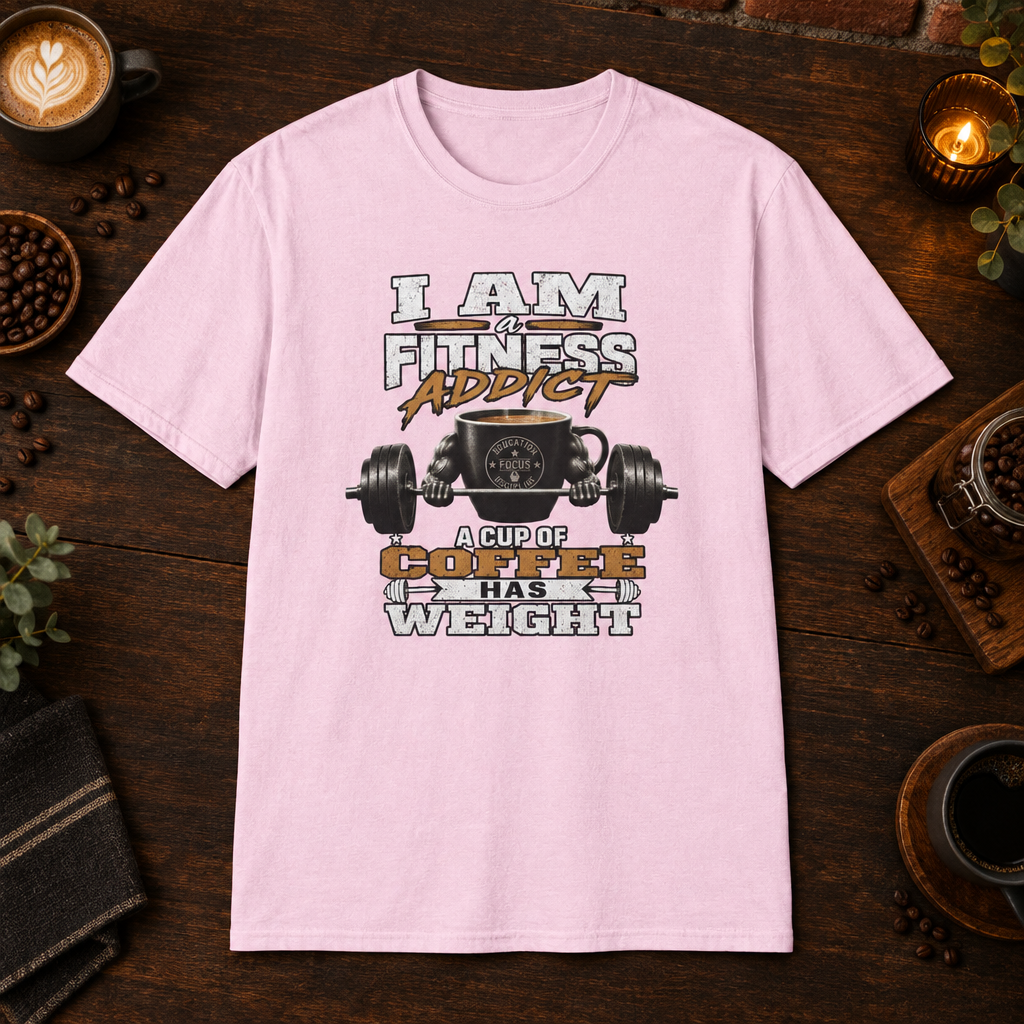 I Am a Fitness Addict T-Shirt in Light Pink, coffee bar flat lay mockup