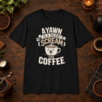 A Yawn for a Coffee Cup T-Shirt in Black, coffee bar flat lay mockup