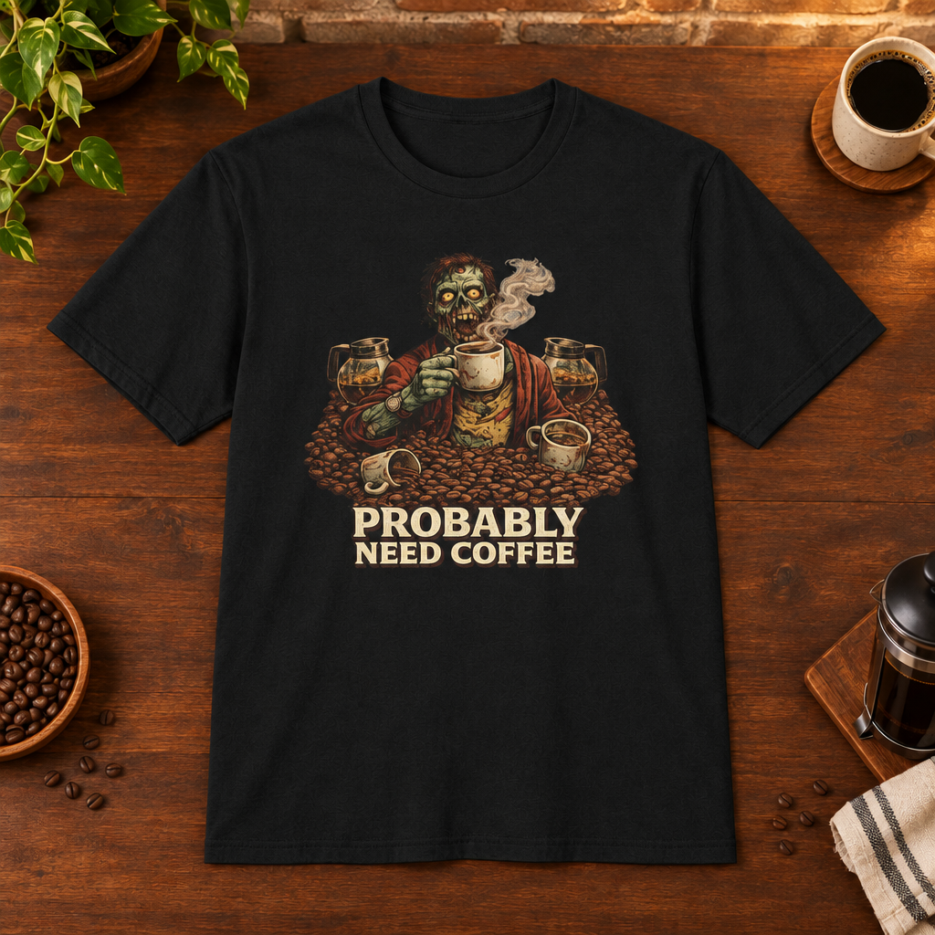 Probably Need Coffee Too T-Shirt Black coffee-bar flat lay, consistent framing