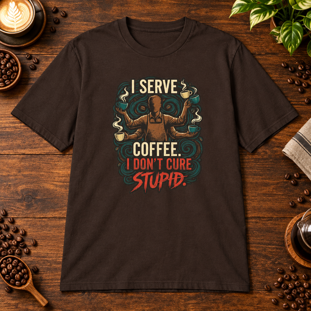 I Don't Cure Stupid T-Shirt Dark Chocolate on warm coffee bar