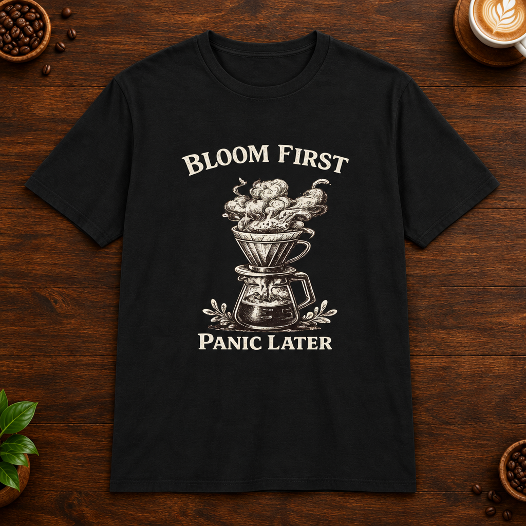 Bloom First T-Shirt in Black on a wooden coffee-themed background