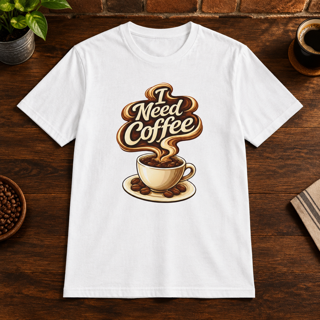 I Need Coffee T-Shirt White close-fill short-sleeve coffee-bar flat lay
