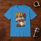 Fuel For Humans T-Shirt Heather Sapphire coffee-bar flat lay