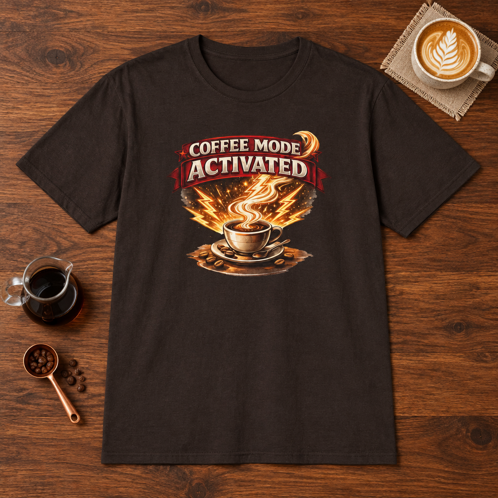 Coffee Mode Activated T-Shirt Dark Chocolate coffee bar mockup