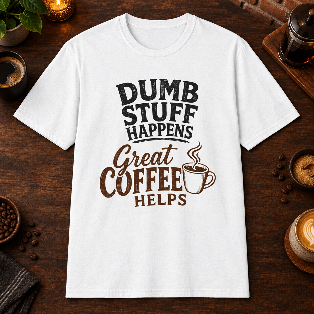Dumb Stuff Happens T-Shirt in White, overhead coffee-bar flat-lay mockup