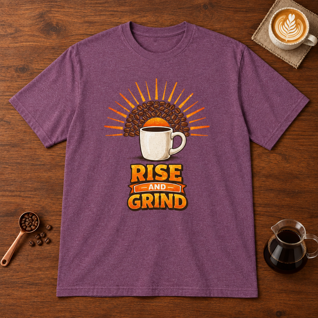 Rise and Grind T-Shirt Heather Maroon flat lay on walnut coffee bar