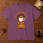 Rise and Grind T-Shirt Heather Maroon flat lay on walnut coffee bar