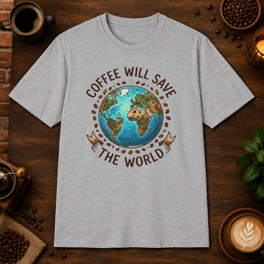 Coffee Will Save The World T-Shirt in Sport Grey, overhead coffee-bar flat-lay mockup
