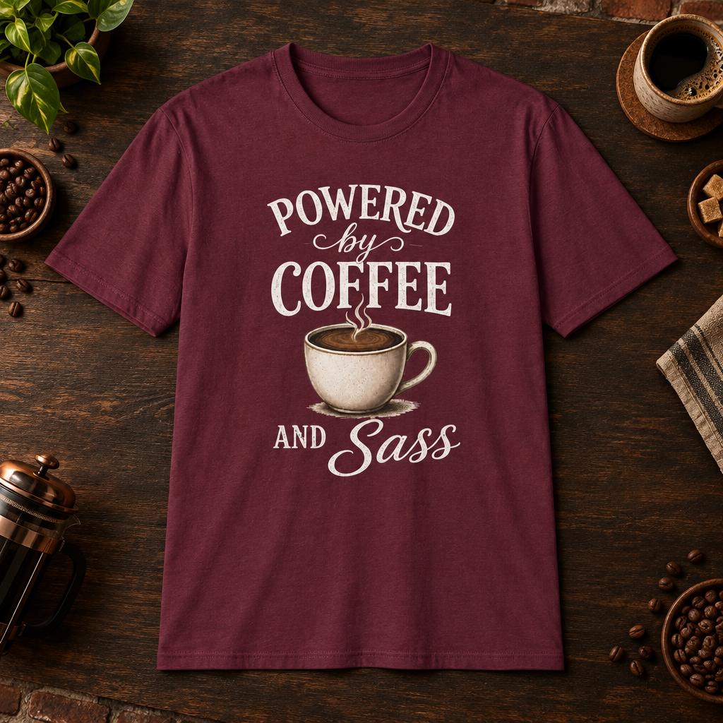 Powered by Coffee T-Shirt in Maroon, coffee bar flat lay mockup