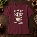 Powered by Coffee T-Shirt in Maroon, coffee bar flat lay mockup