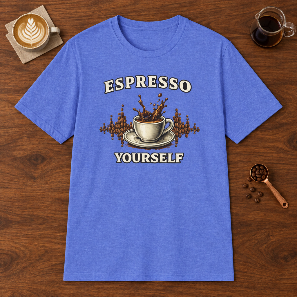 Espresso Yourself T-Shirt Heather Royal coffee bar mockup