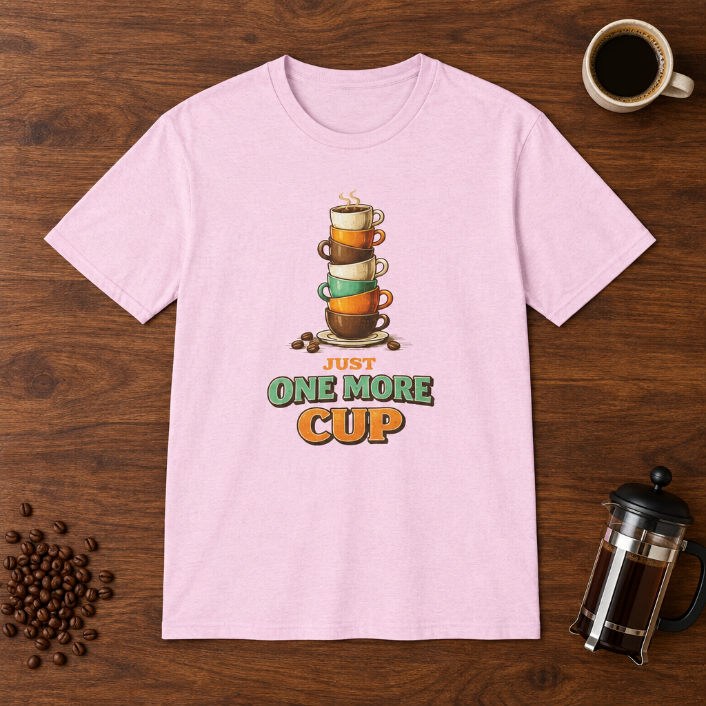 Just One More Cup T-Shirt Light Pink coffee-bar flat lay