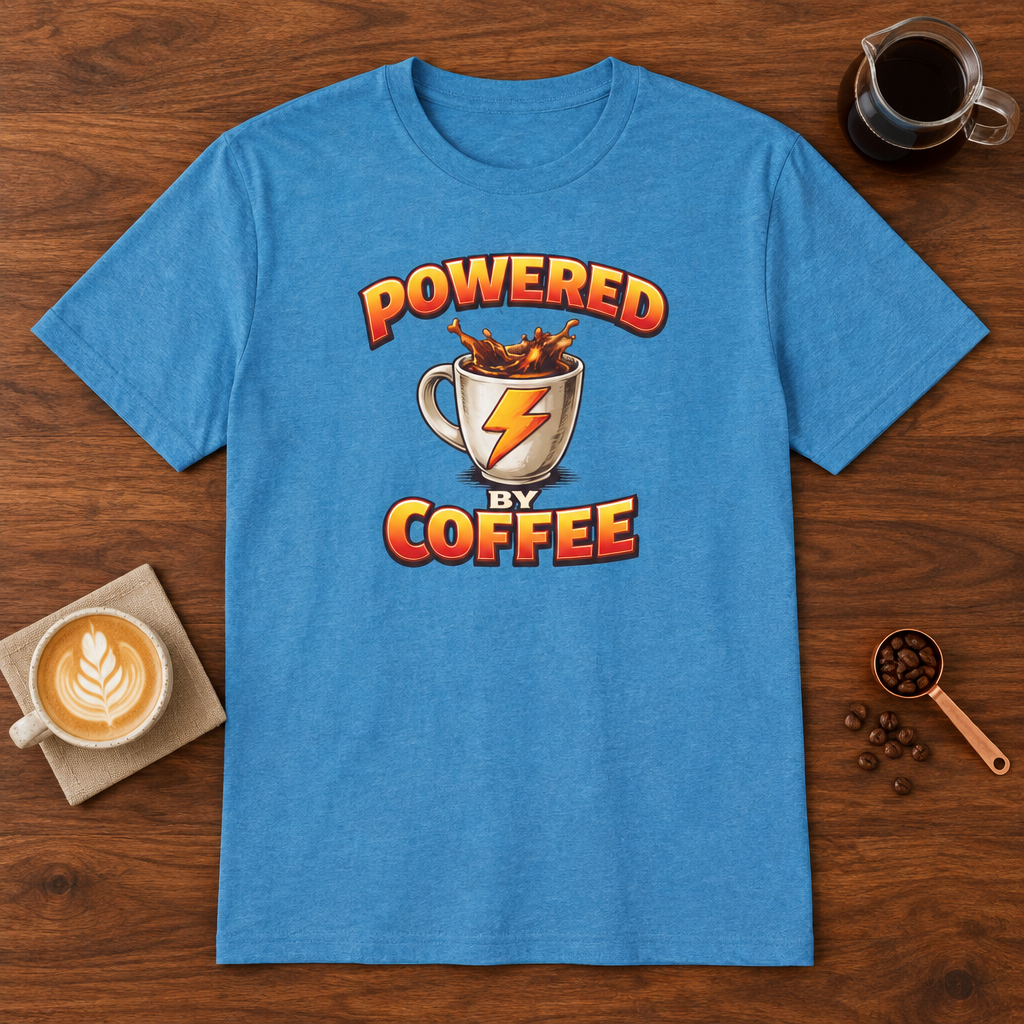 Powered by Coffee T-Shirt Heather Sapphire coffee bar mockup